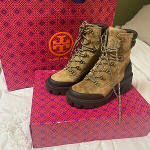 Tory Burch suede lug sole hiker boots in coconut. Stylish, comfy, and versatile!